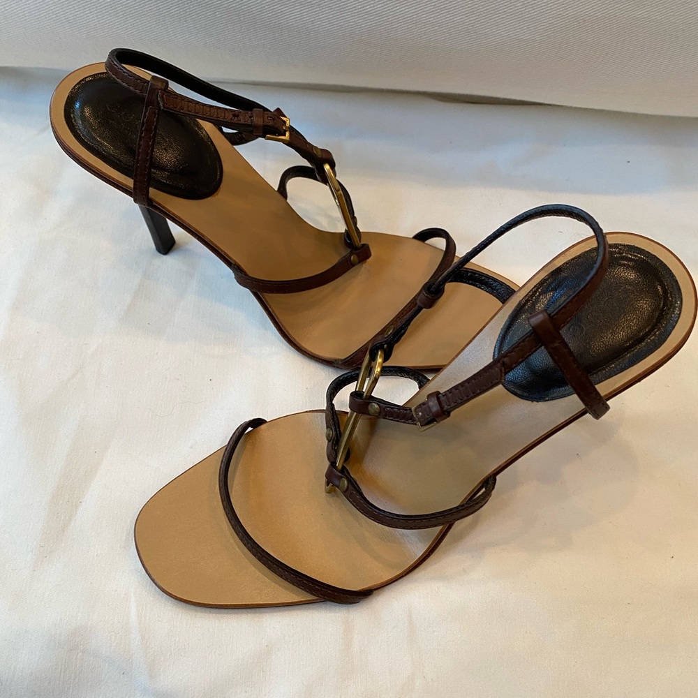 Tom Ford for Gucci Brown Leather T-Strap Heels with Gold-tone Accent Circa 2003